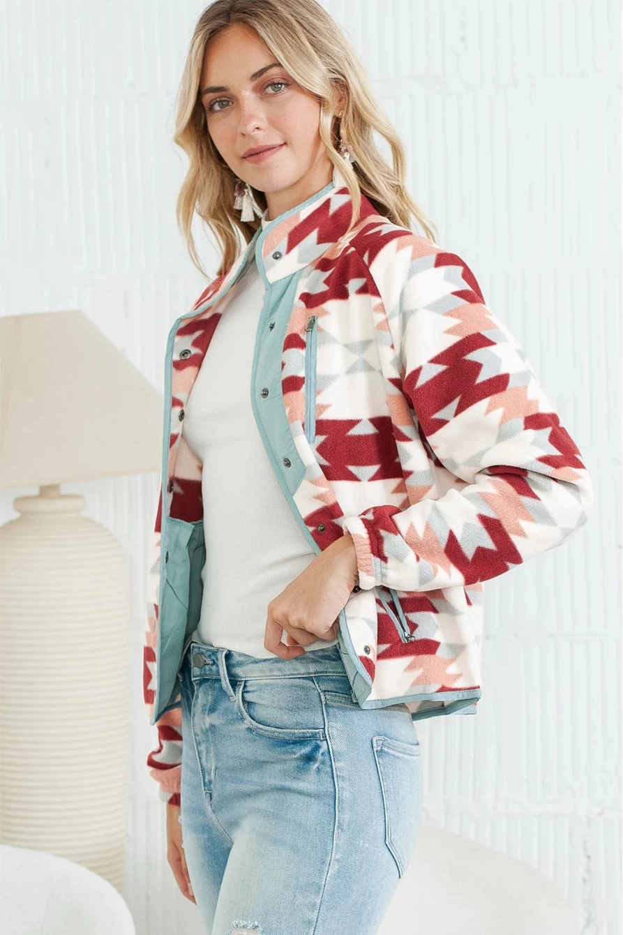 Women's Red Geometric Print Fleece Jacket with Snap Buttons & Zipper Pockets | Shewin