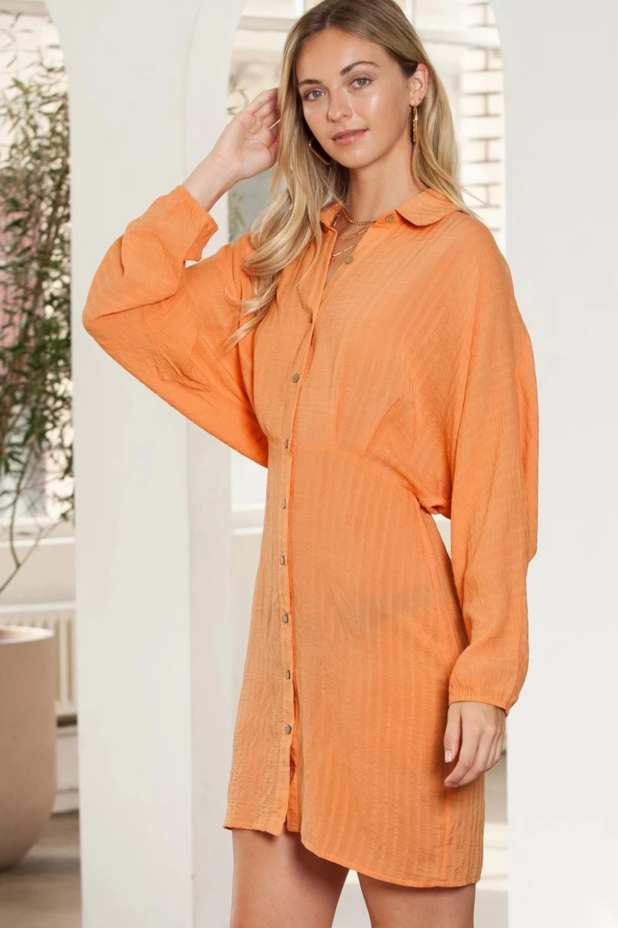 Shewin Women's Brown Button Down Puff Sleeve Shirt Dress