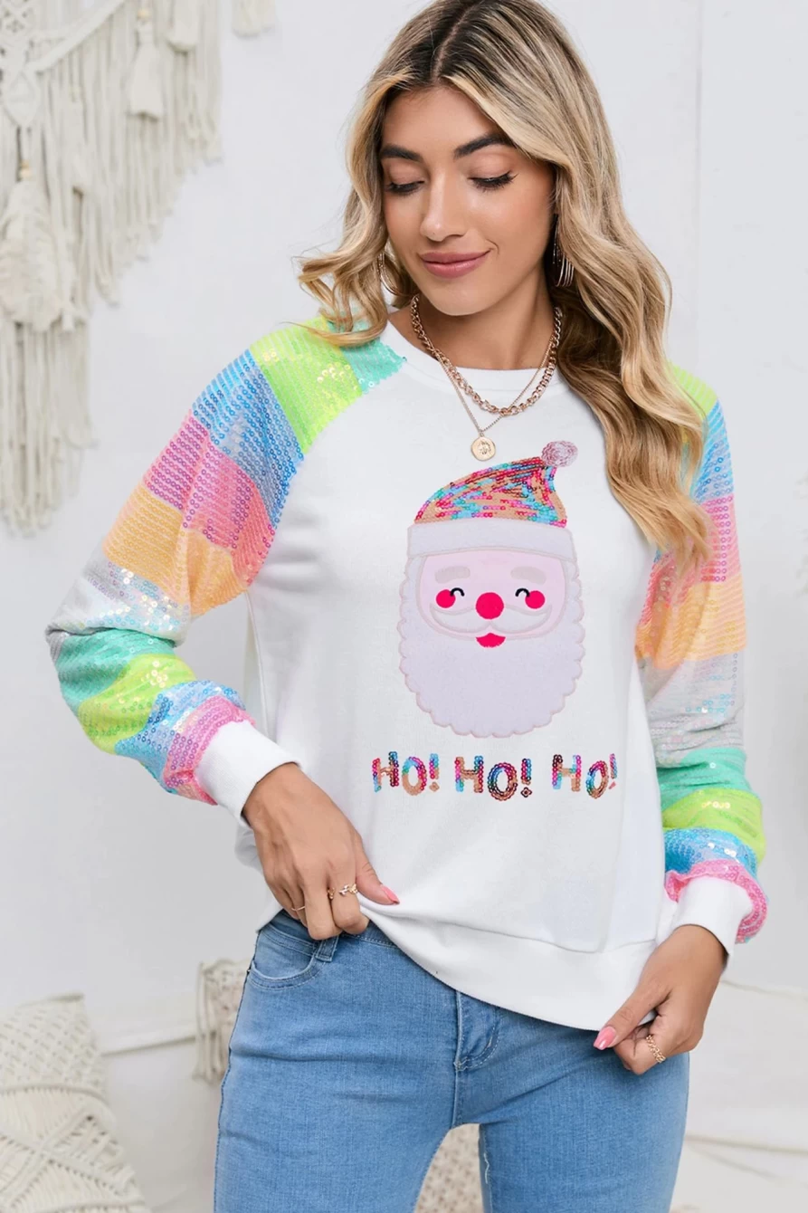 "Shewin Women's White Sequins Colorblock Santa Claus Graphic Sweatshirt with Sleeve Detail"