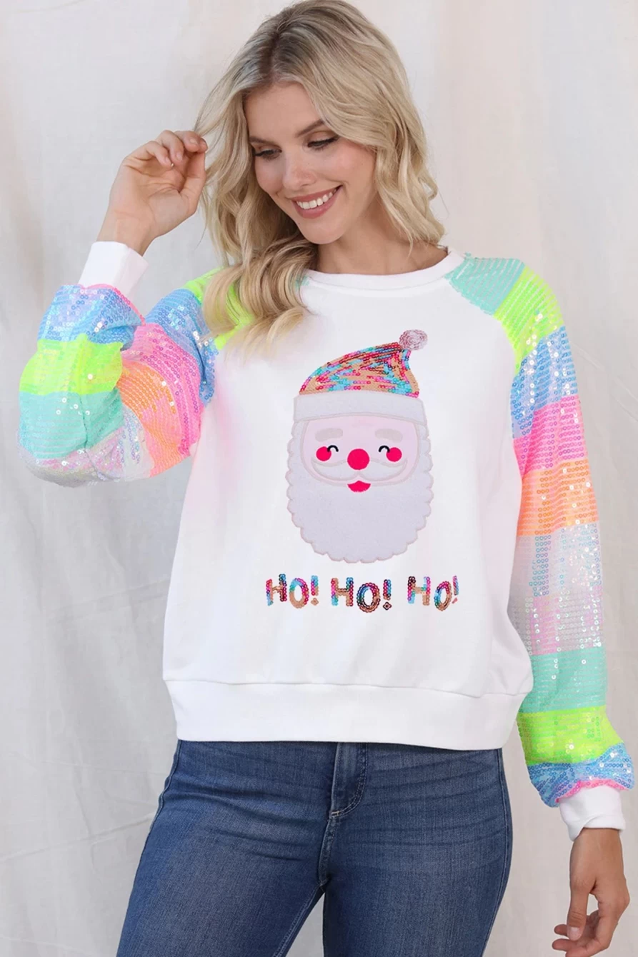 "Shewin Women's White Sequins Colorblock Santa Claus Graphic Sweatshirt with Sleeve Detail"