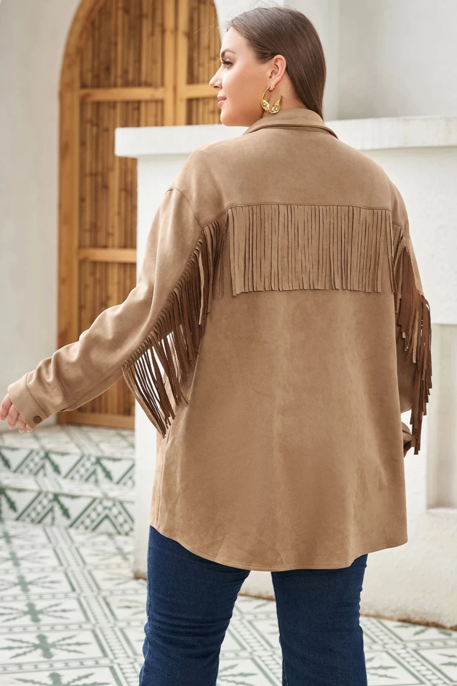 Shewin Women's Khaki Suede Shacket with Fringe Trim - Plus Size Boho Outerwear Coat
