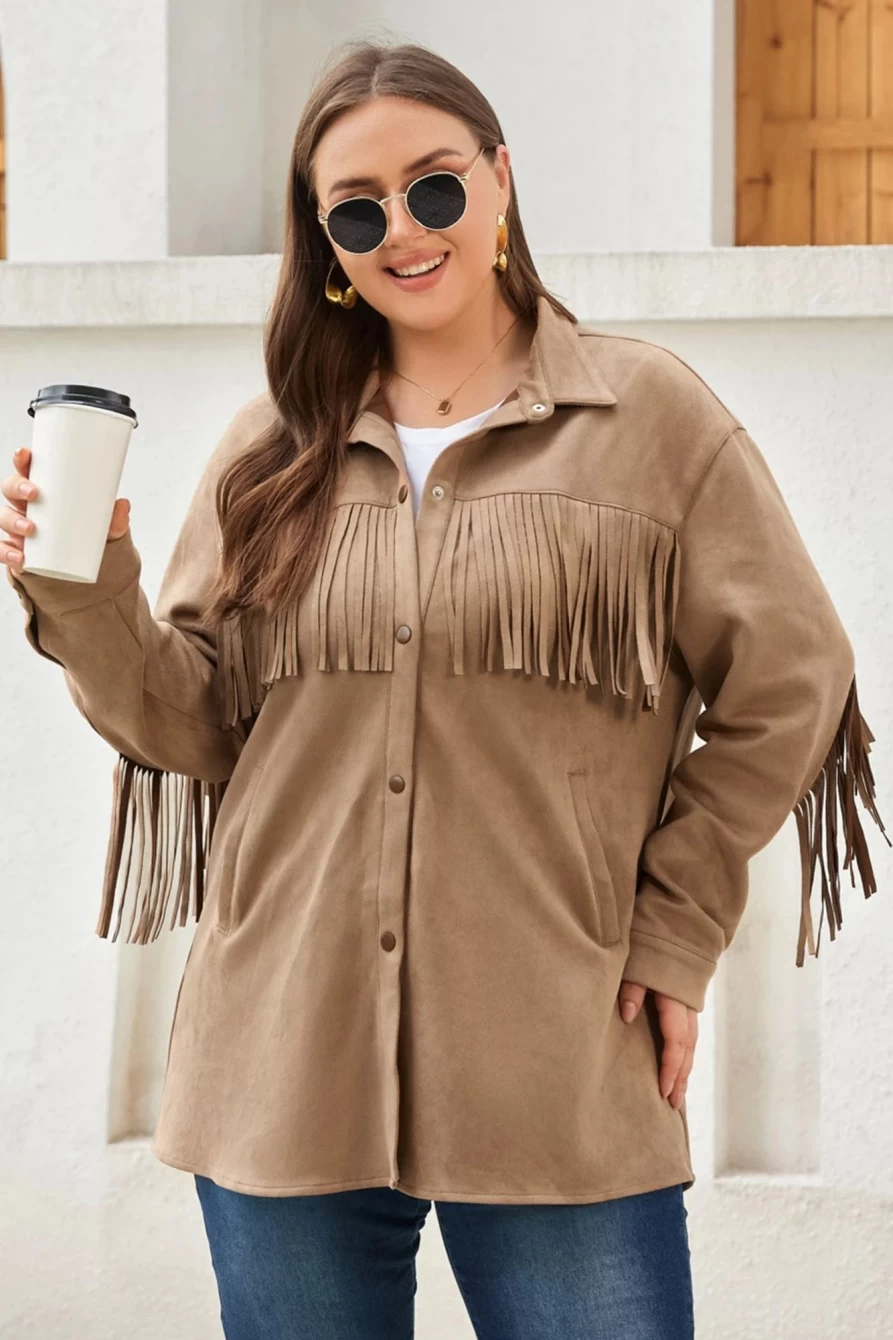 Shewin Women's Khaki Suede Shacket with Fringe Trim - Plus Size Boho Outerwear Coat