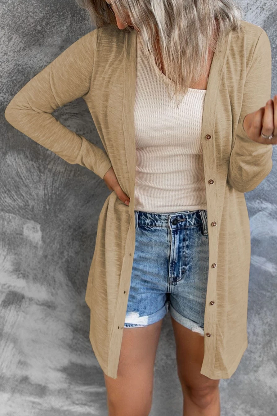 "Shewin Women's Brown Casual Long Button Front Cover Up Cardigan"