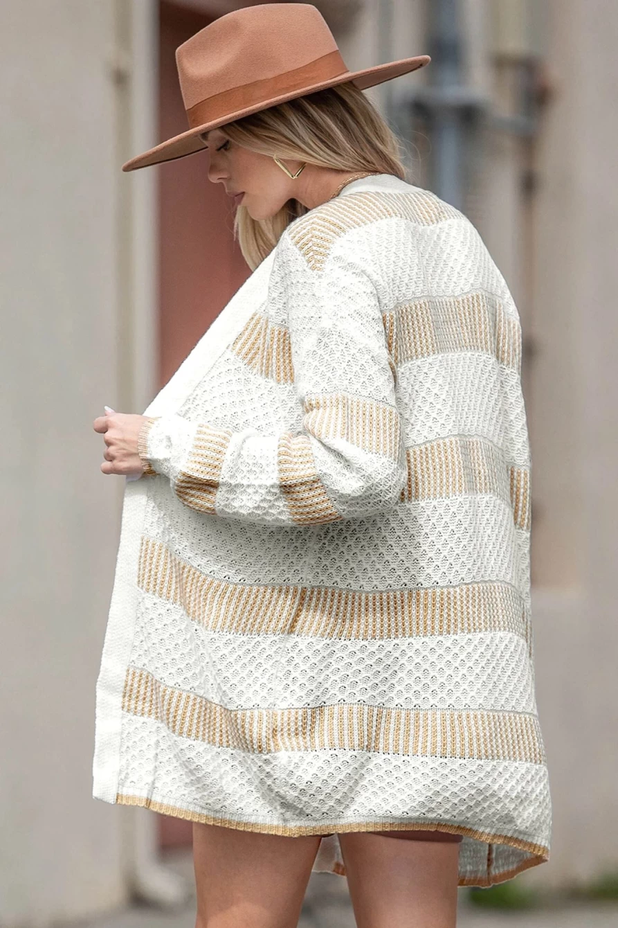 Shewin Women's Beige Stripe Knitted Drop Shoulder Long Cardigan Sweater