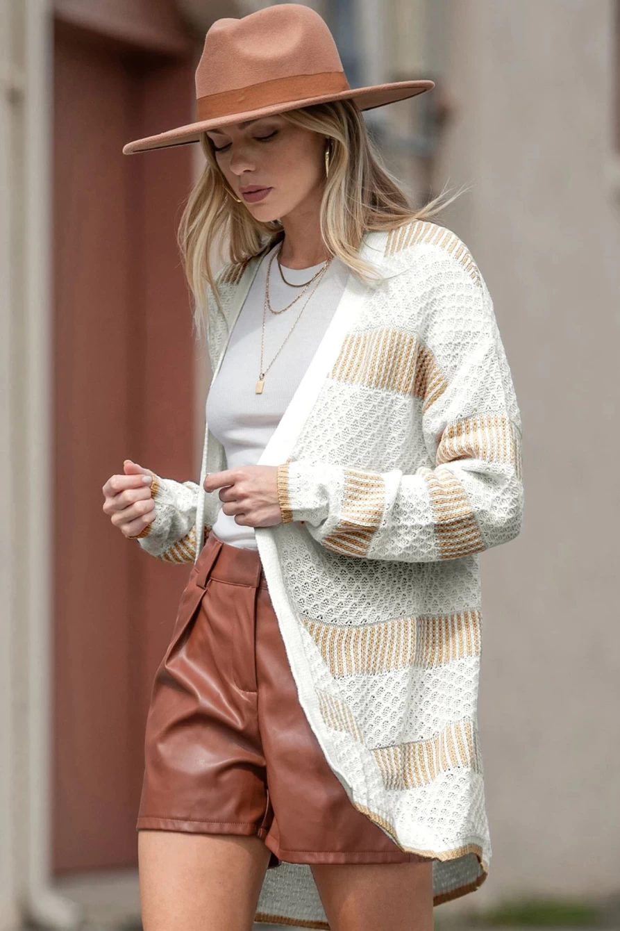 Shewin Women's Beige Stripe Knitted Drop Shoulder Long Cardigan Sweater