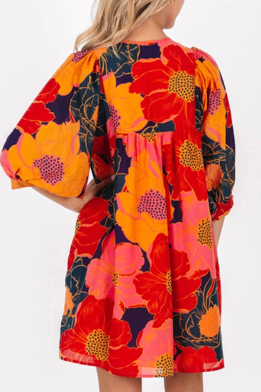 Shewin Women's Orange Boho Floral Print Tie Neck Mini Dress - Summer Bohemian Style