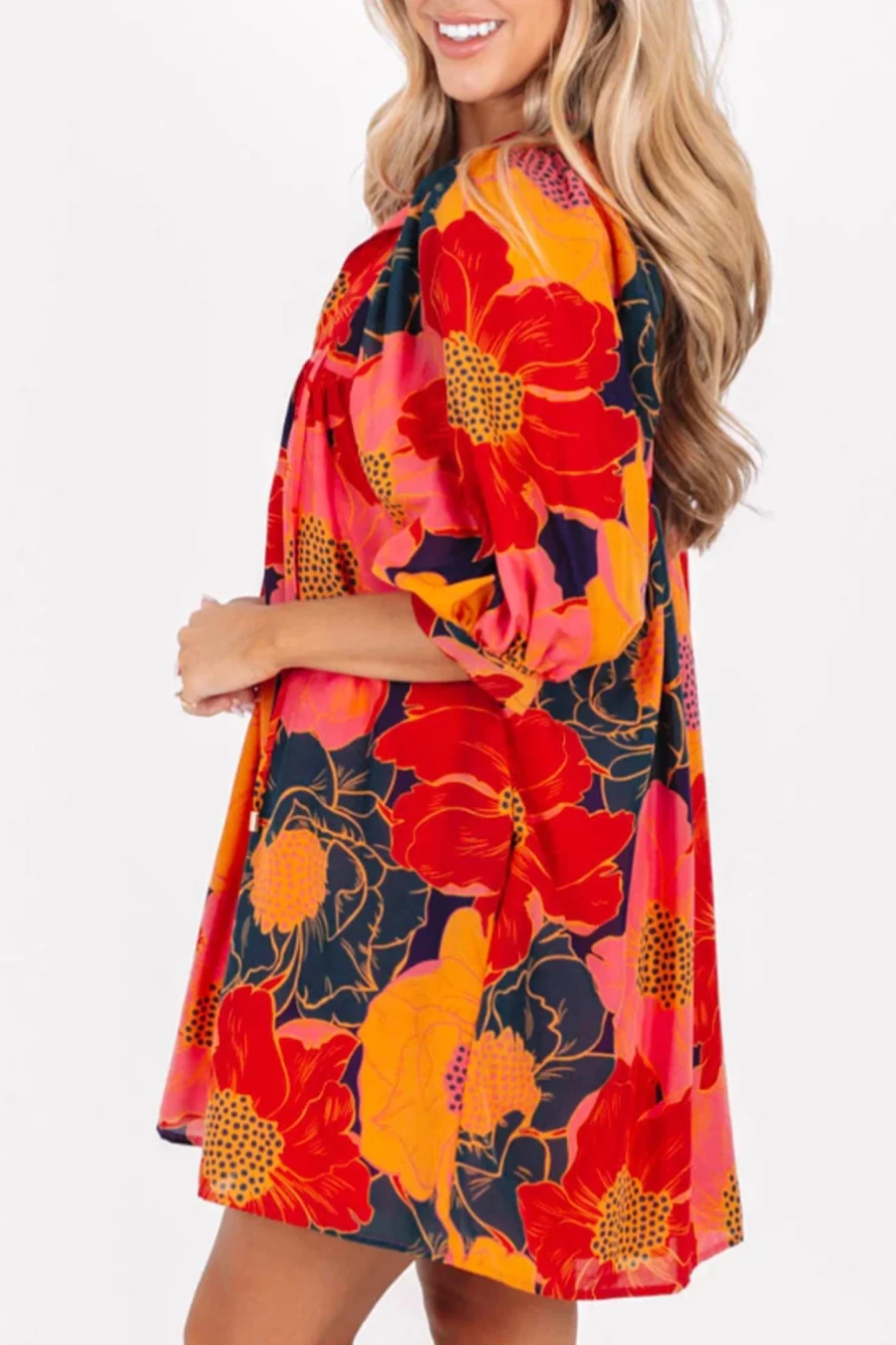 Shewin Women's Orange Boho Floral Print Tie Neck Mini Dress - Summer Bohemian Style