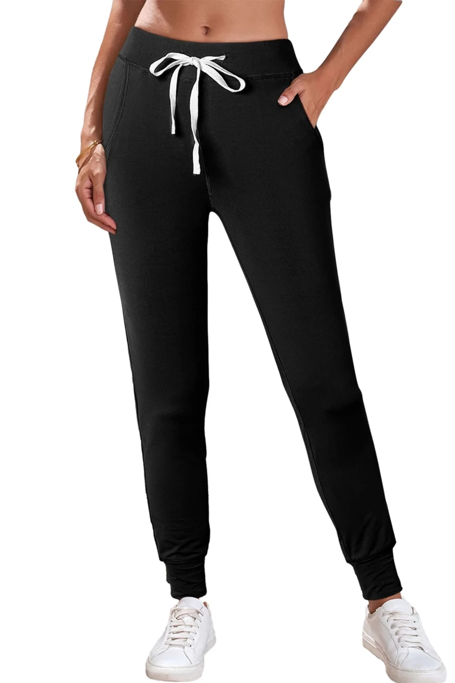 Shewin Women's Black Casual Joggers with Drawstring Waist & Side Pockets