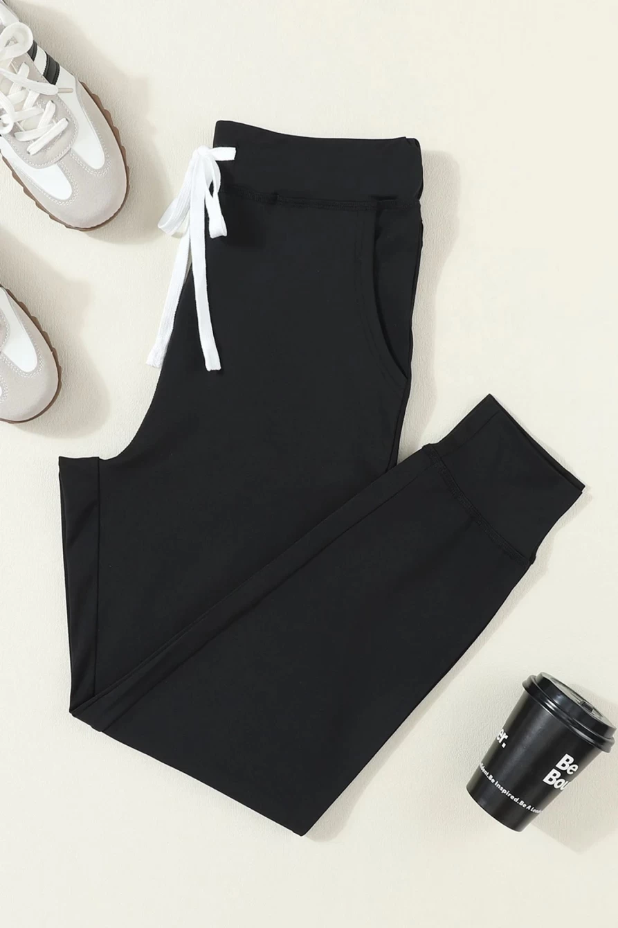 Shewin Women's Black Casual Joggers with Drawstring Waist & Side Pockets