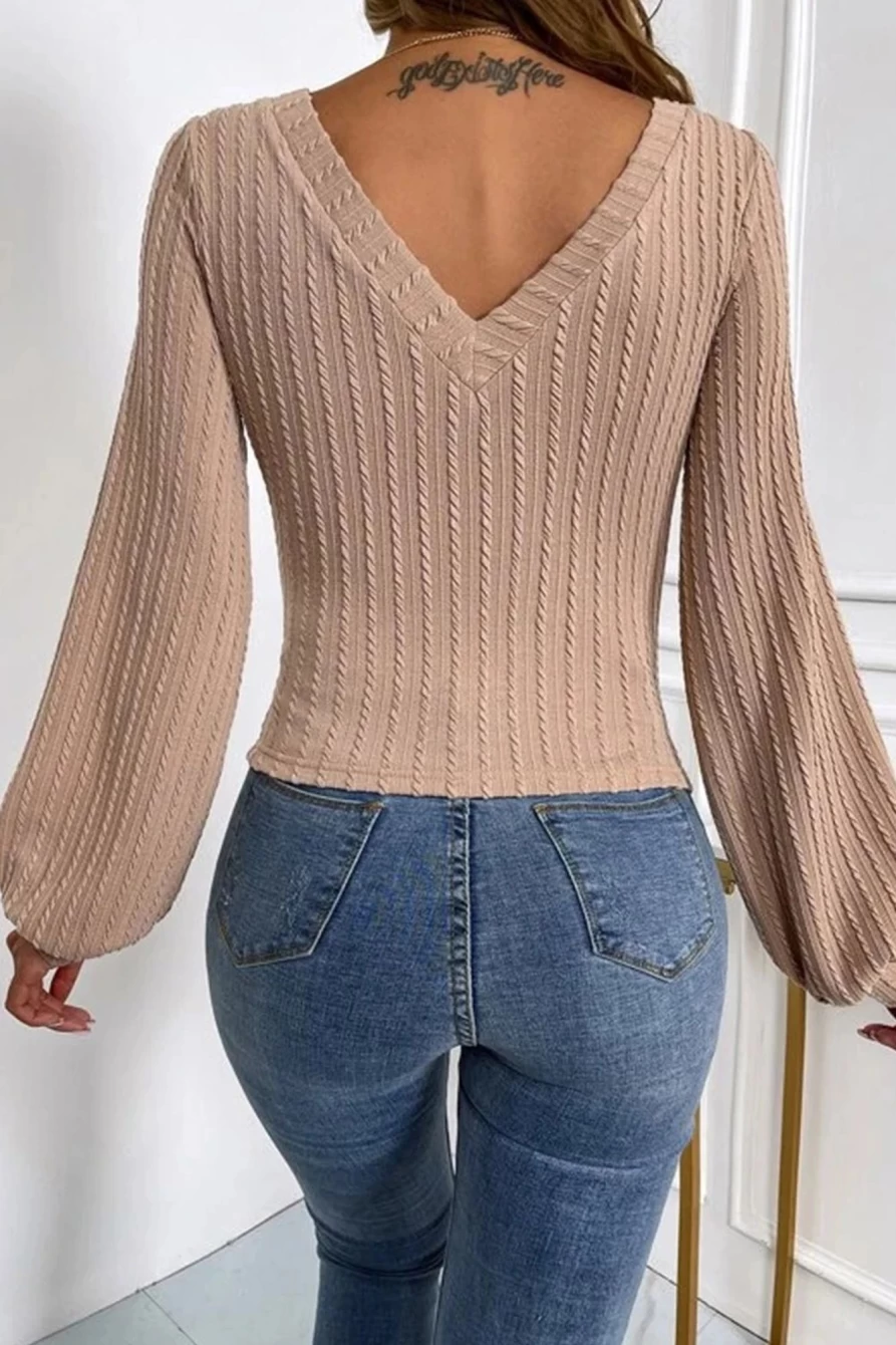 Shewin Women's Knitted Jacquard V-Neck Lantern Sleeve Top in Khaki