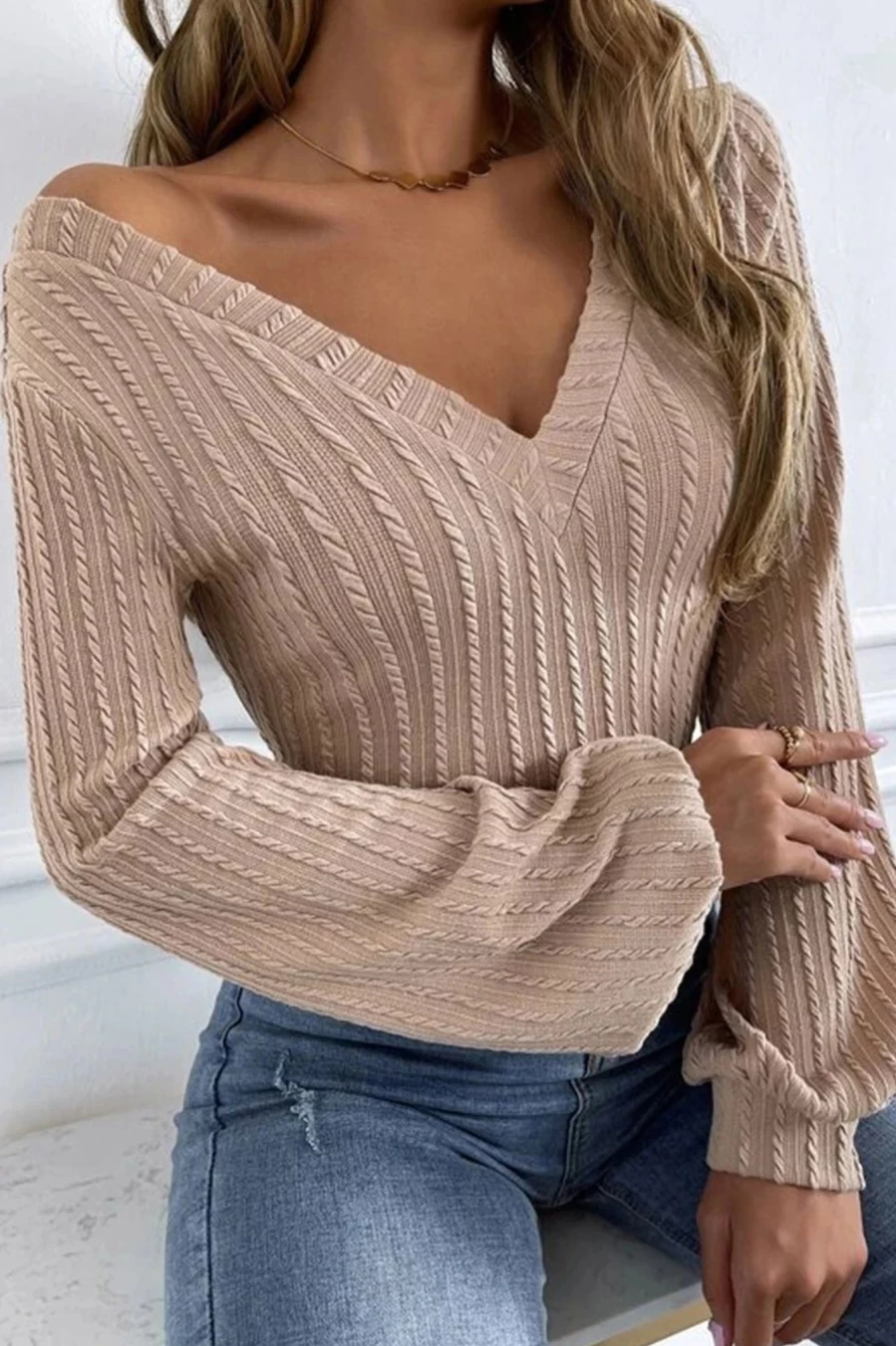 Shewin Women's Knitted Jacquard V-Neck Lantern Sleeve Top in Khaki