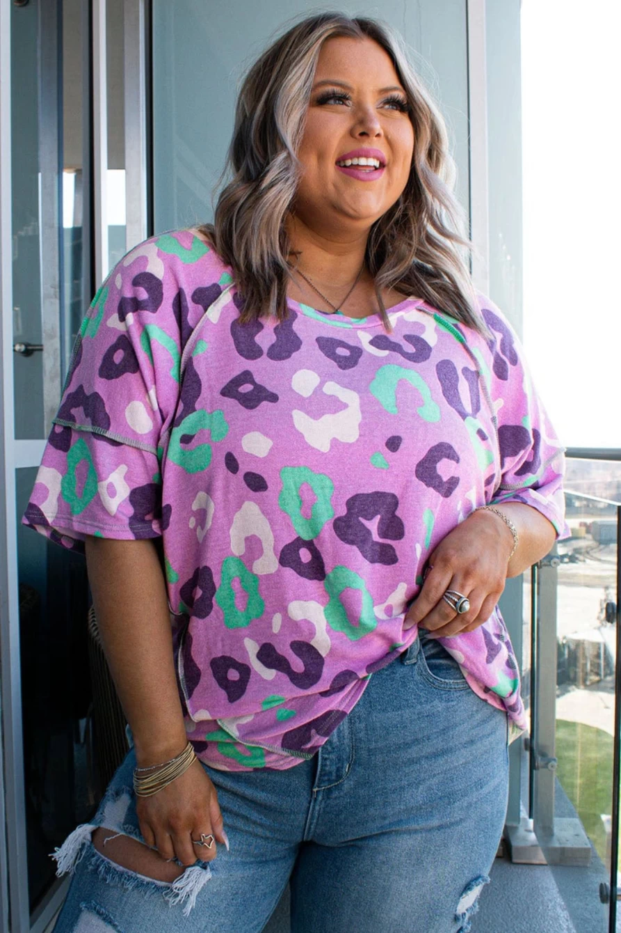 Shewin Women's Purple Leopard Print Plus Size Short Sleeve T-Shirt