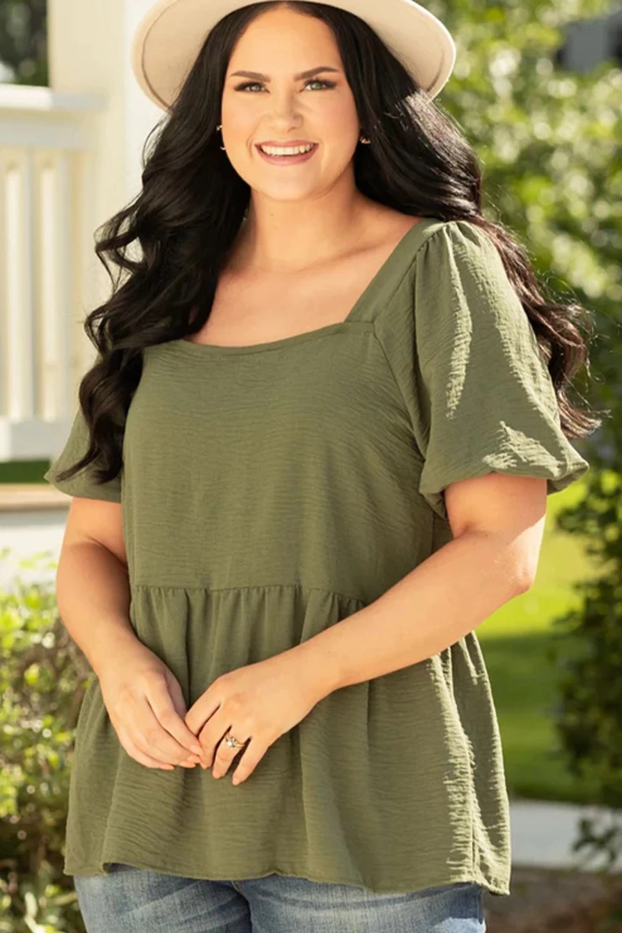 Shewin Women's Jungle Green Solid Square Neck Babydoll Short Sleeve Top