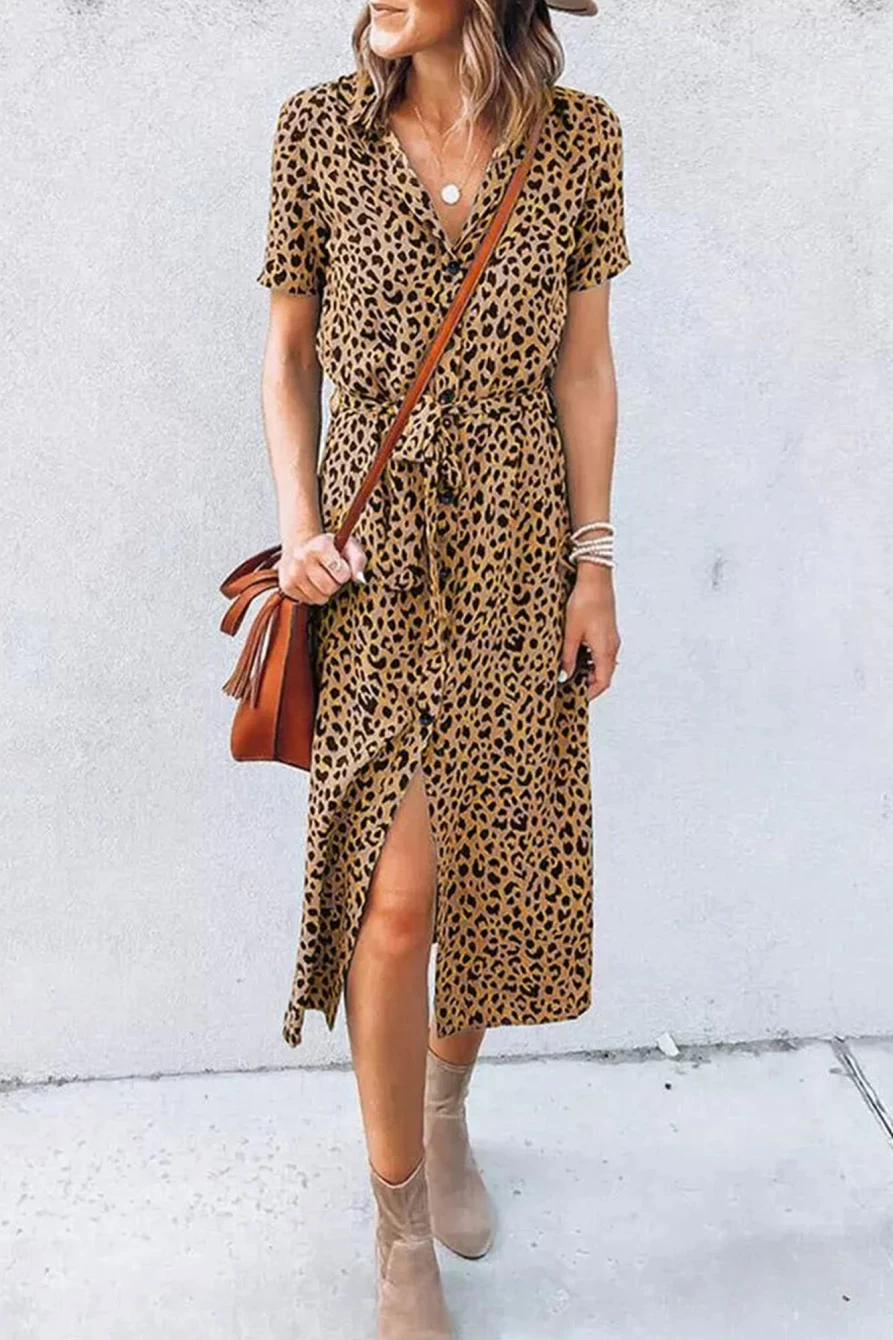 Women's Khaki Leopard Print Button Up Shirt Dress with Waist Belt by Shewin