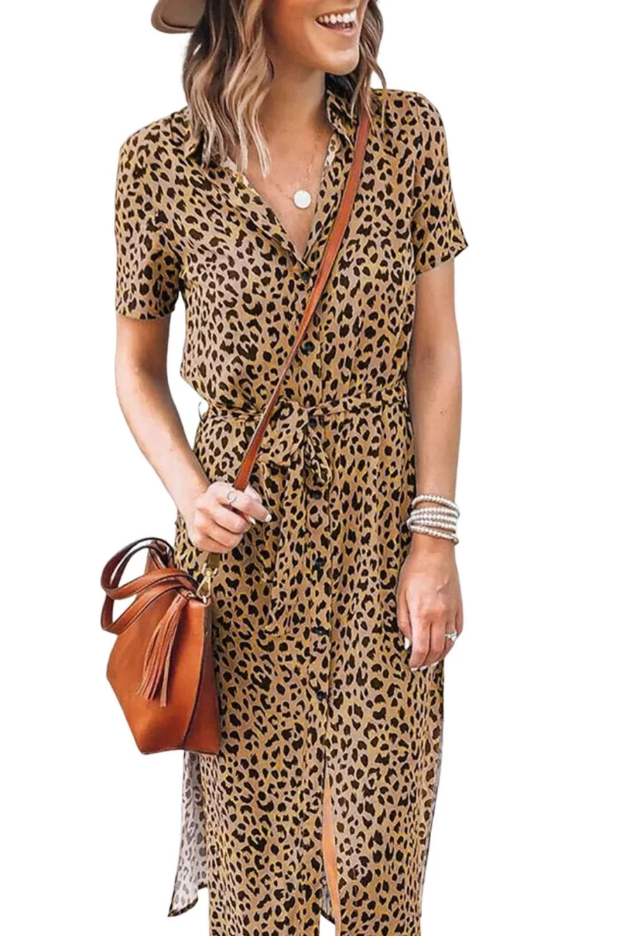 Women's Khaki Leopard Print Button Up Shirt Dress with Waist Belt by Shewin