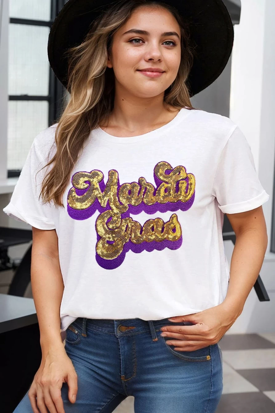 Shewin Women's White Plus Size Mardi Gras Sequin Graphic Tee - Sparkling Chenille T-Shirt