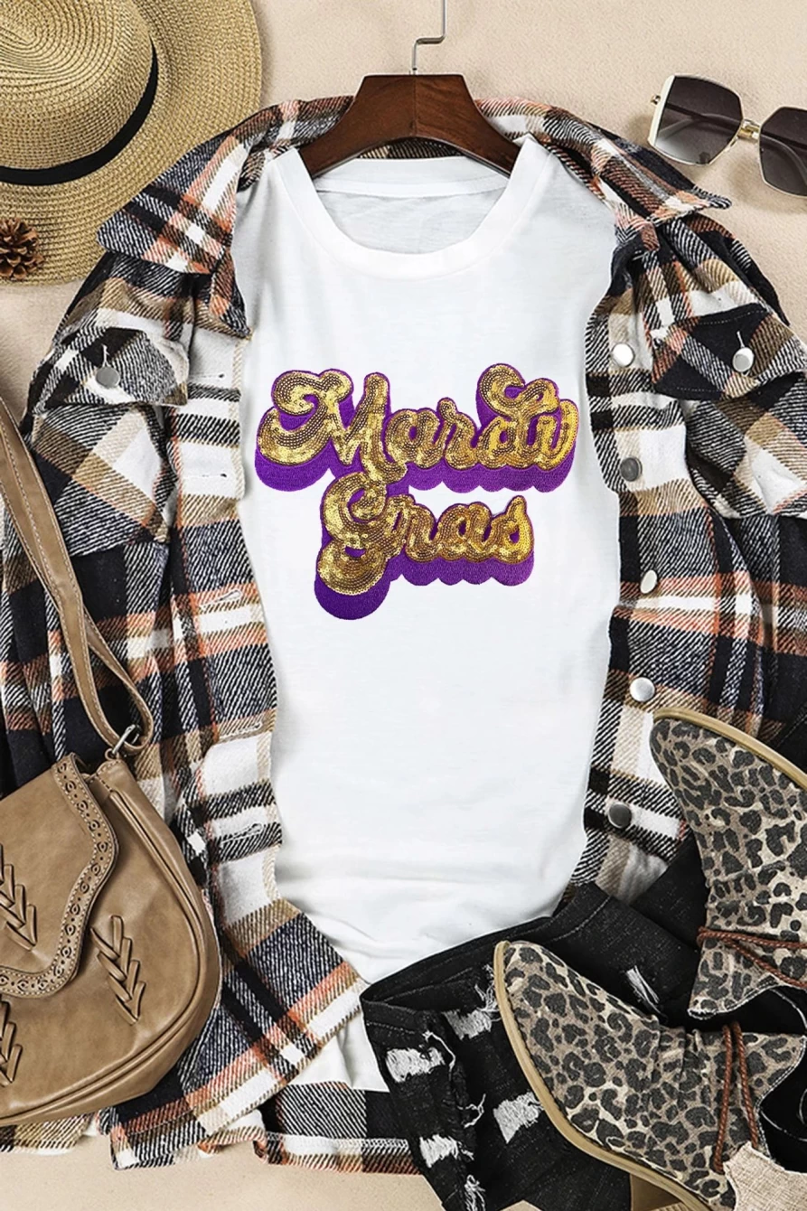 Shewin Women's White Plus Size Mardi Gras Sequin Graphic Tee - Sparkling Chenille T-Shirt