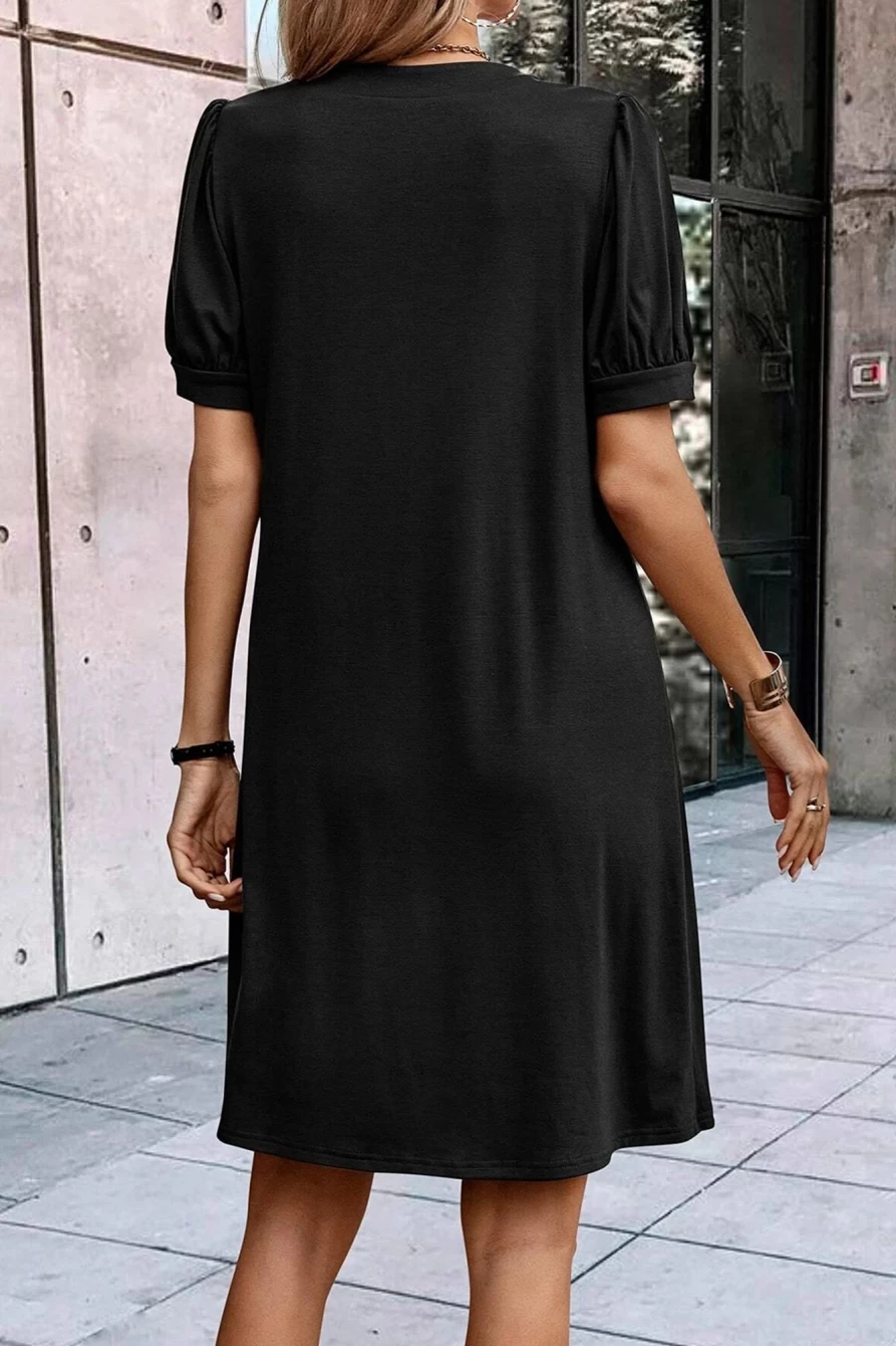 Shewin Women's Black Notched Neck Puff Sleeve Pleated T-Shirt Dress