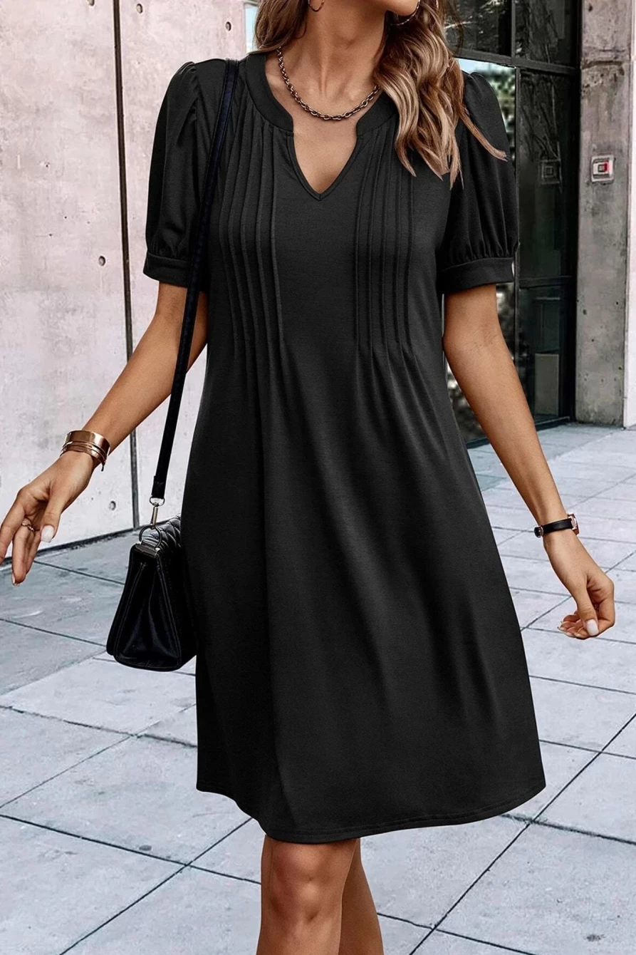 Shewin Women's Black Notched Neck Puff Sleeve Pleated T-Shirt Dress