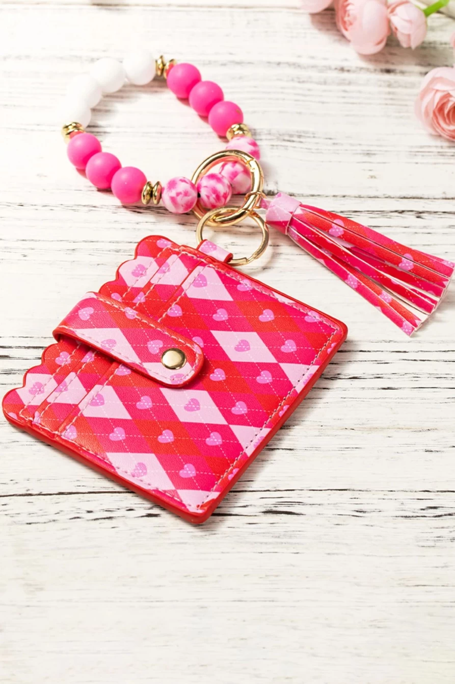 "Shewin Rose Red Valentine PU Card Bag Keychain with Silicone Bracelet Gift for Women"