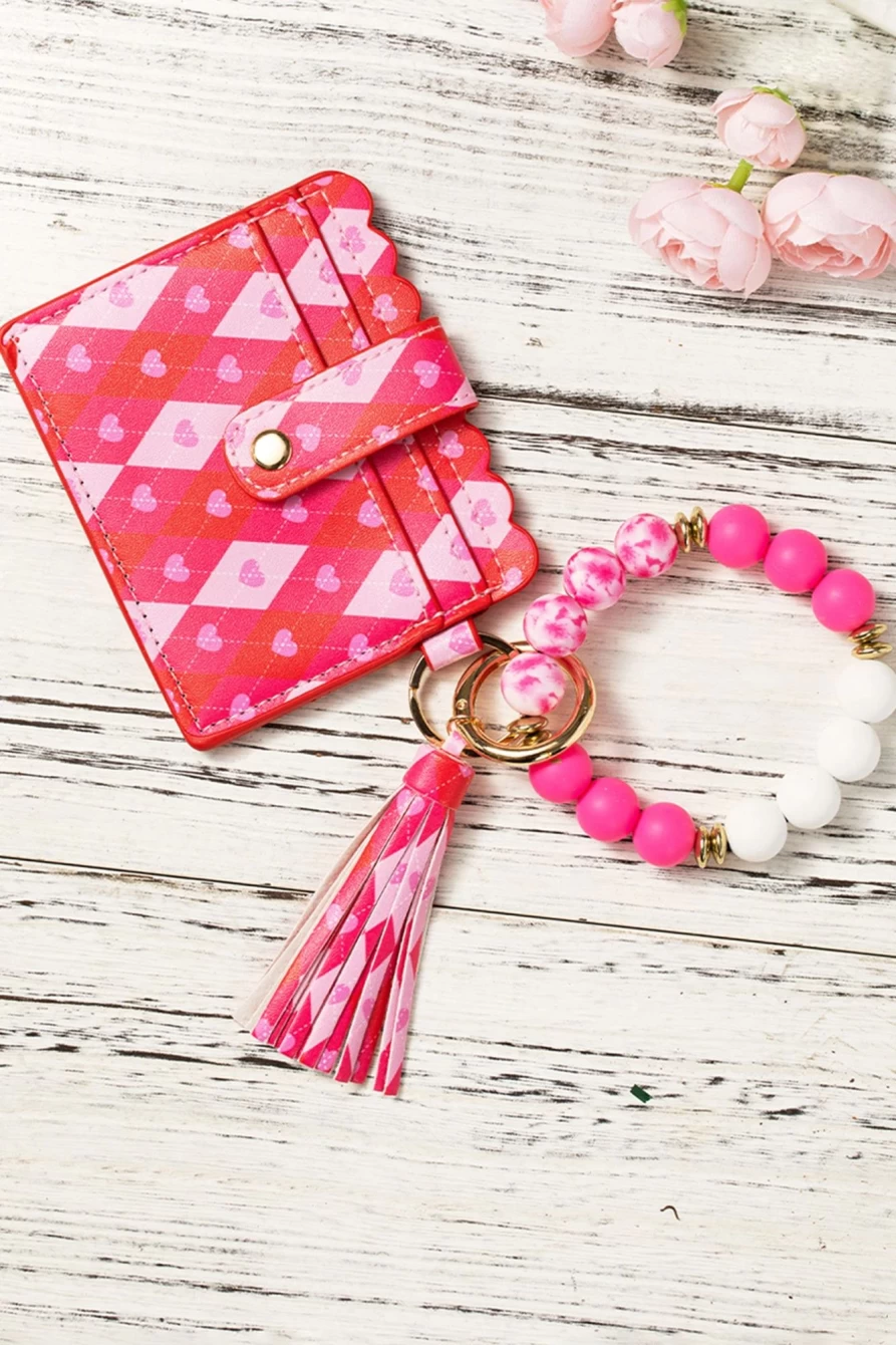 "Shewin Rose Red Valentine PU Card Bag Keychain with Silicone Bracelet Gift for Women"