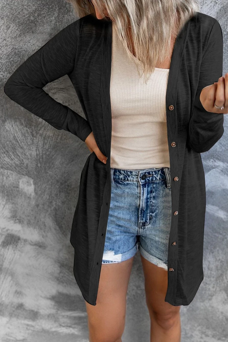 Shewin Women's Black Casual Button Front Cover Up Open Front Cardigan