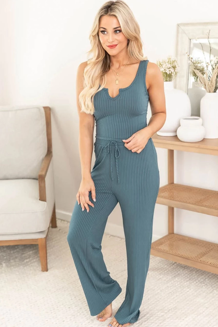 Shewin Women's Blue Ribbed Crop Top & Drawstring Lounge Pants Set