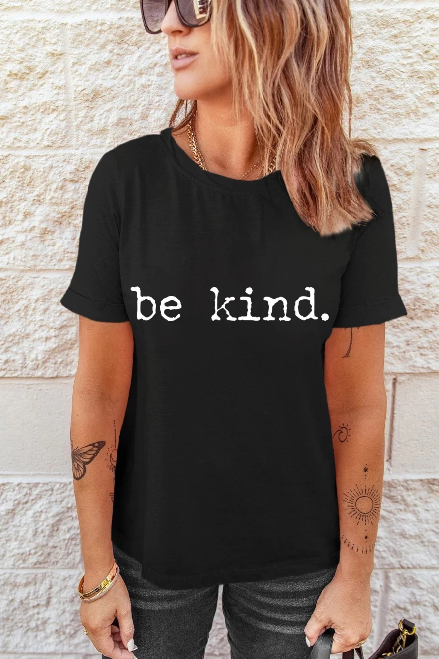 "SheWin Women's Black Casual Be Kind Graphic Round Neck T-Shirt"