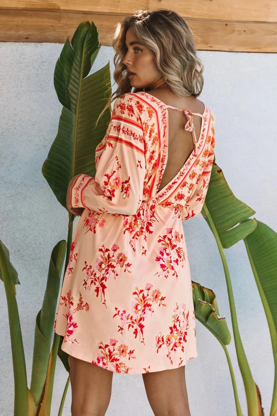 Shewin Women's Orange Boho Floral Print V-Neck Backless Drawstring Short Dress