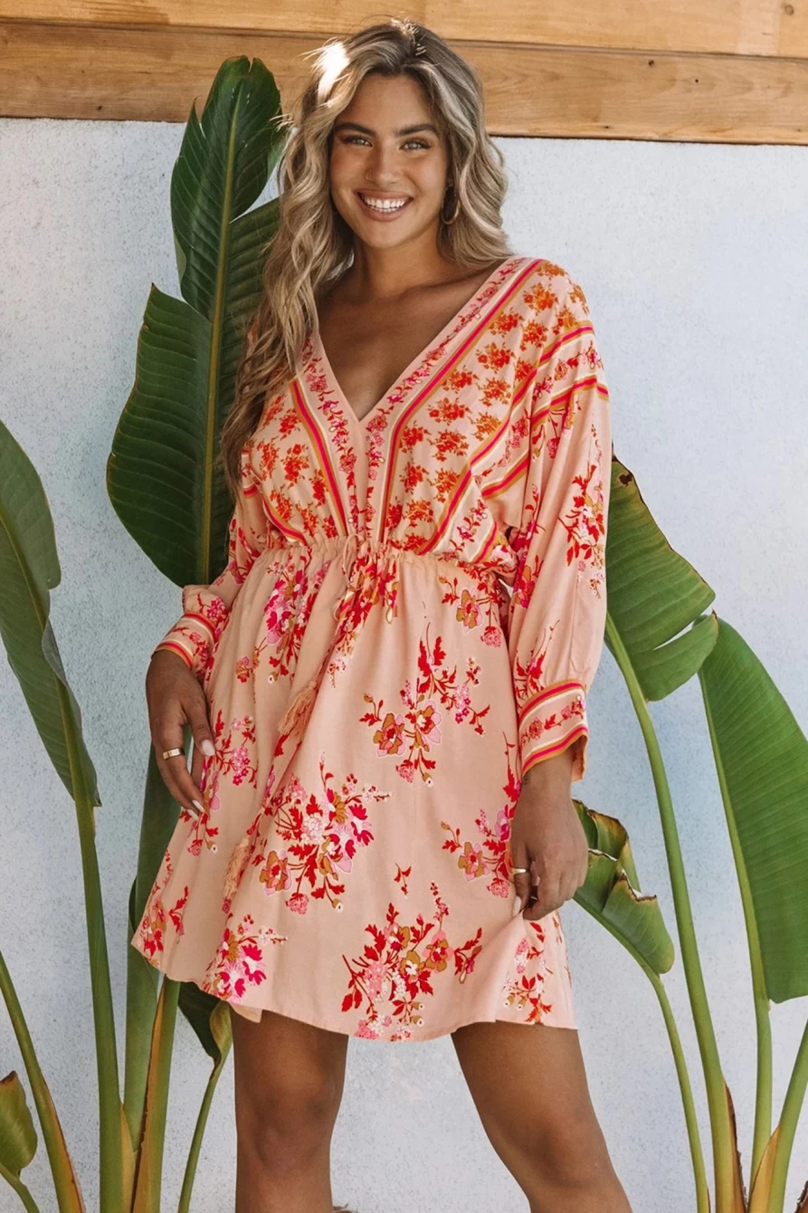 Shewin Women's Orange Boho Floral Print V-Neck Backless Drawstring Short Dress