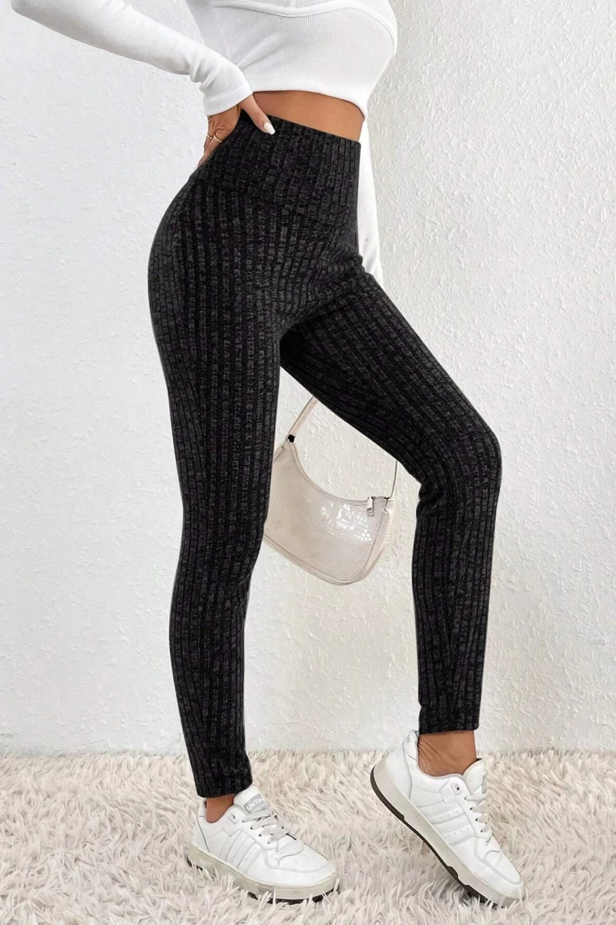 Shewin Women's Black Wide Waistband Ribbed Textured Knit Leggings - High Stretch Comfort Fit Yoga Pants