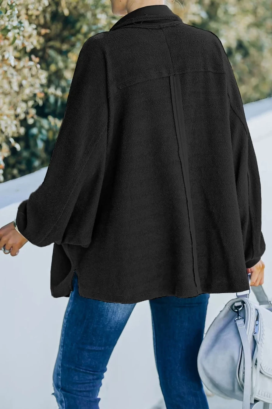 Shewin Women's Plus Size Black Long Sleeve Henley Top with Flap Pockets
