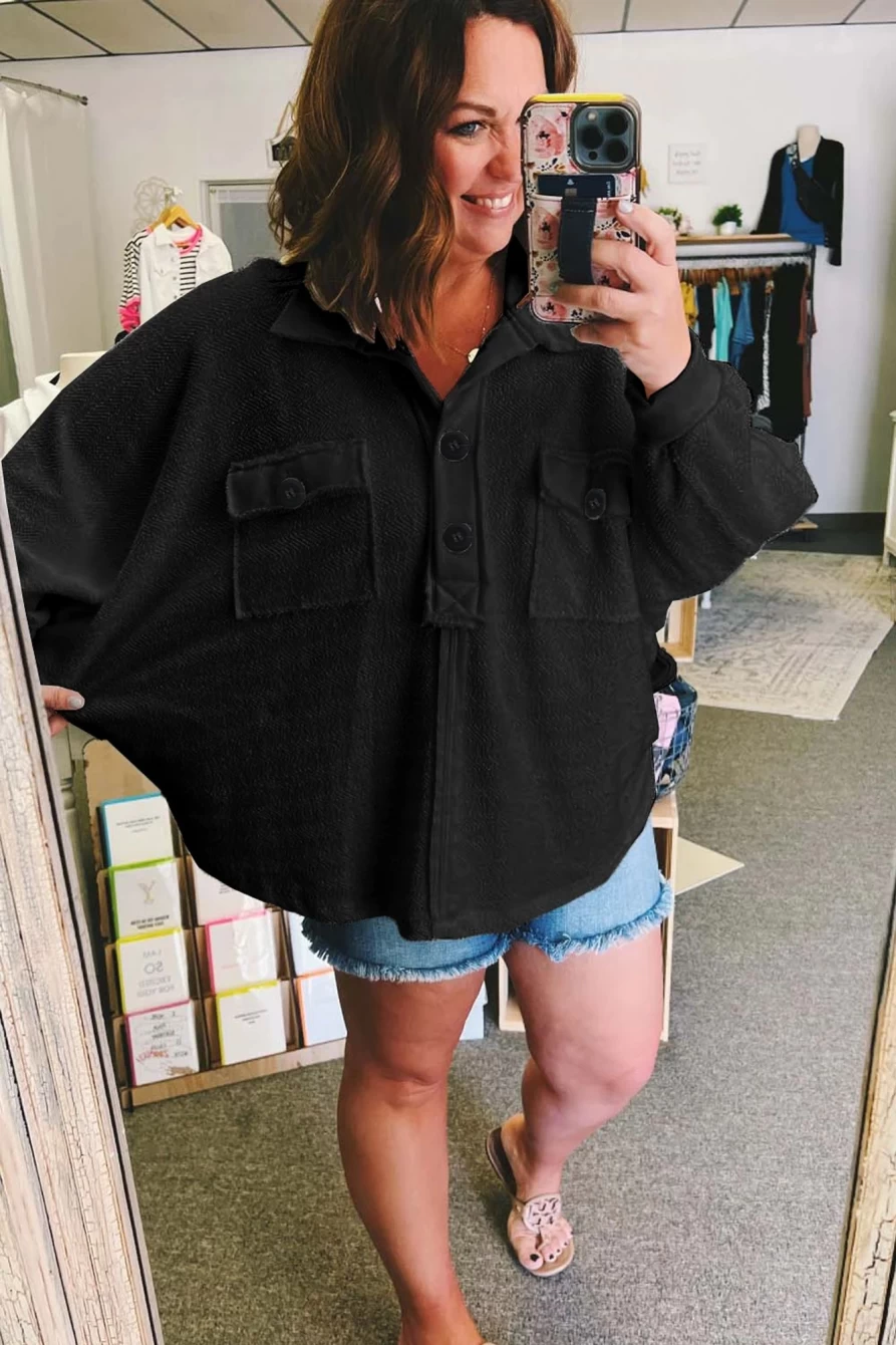 Shewin Women's Plus Size Black Long Sleeve Henley Top with Flap Pockets