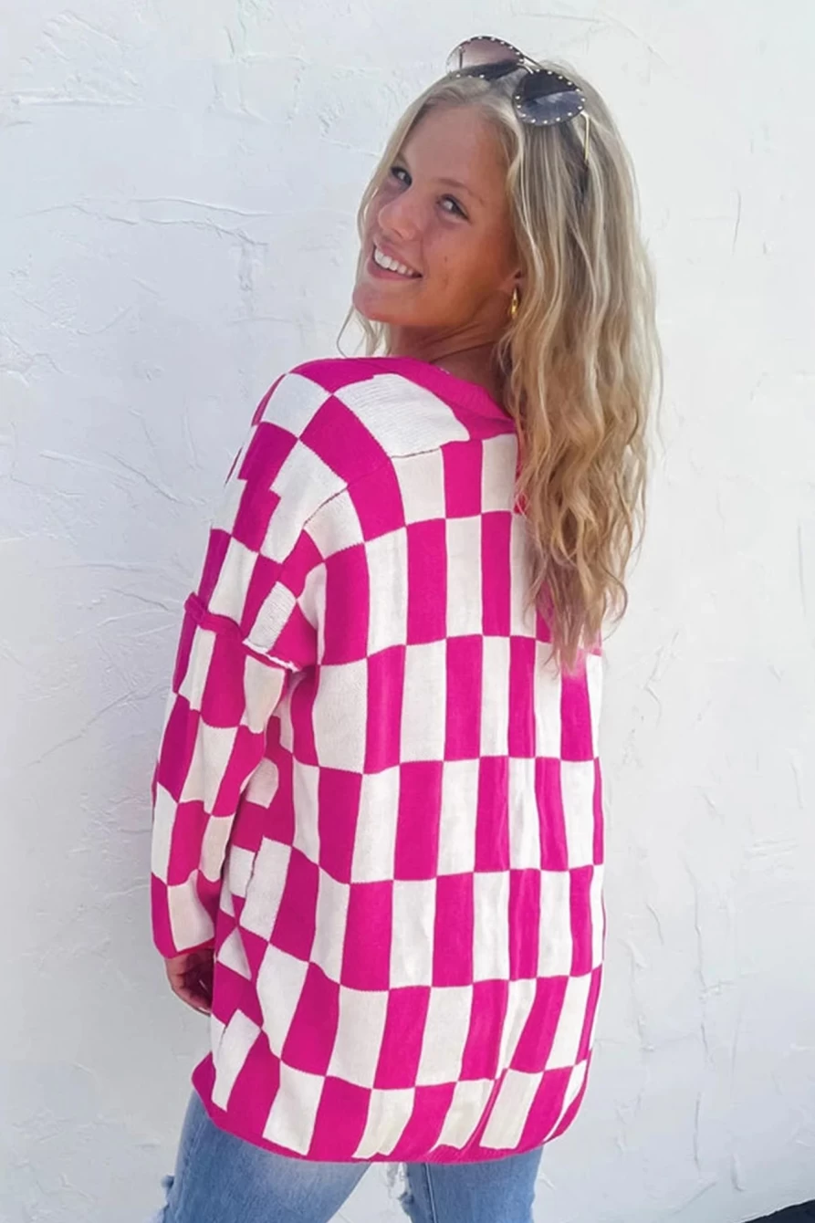 Shewin Women's Bonbon Checkered Open Front Plus Size Cardigan Sweater