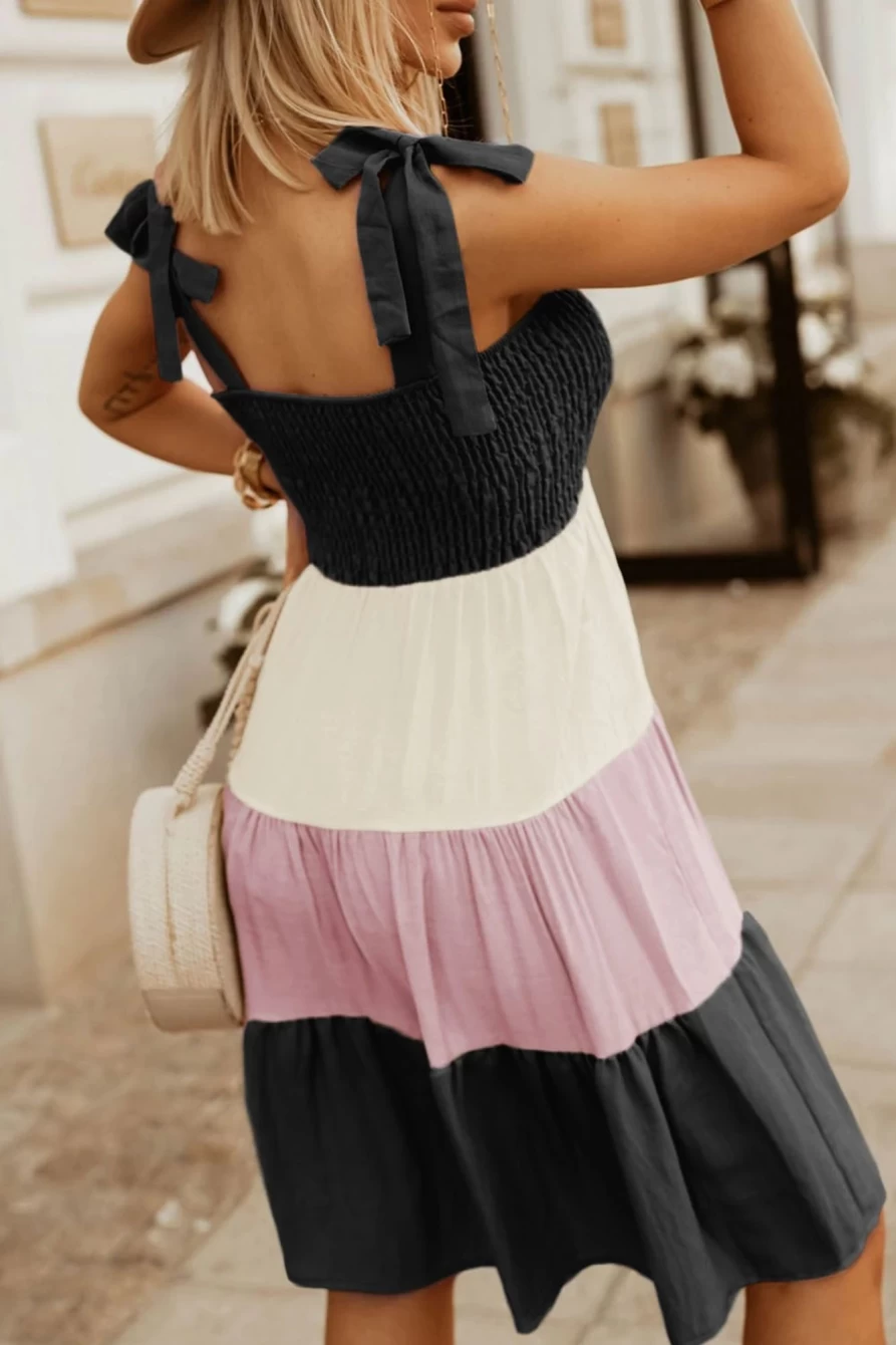 Shewin Women's Black Smocked Color Block Sleeveless Short Dress