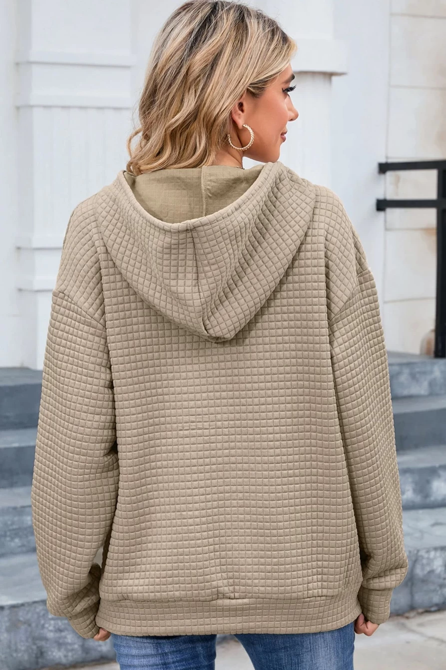 Shewin Women's Khaki Lattice Textured Hoodie with Kangaroo Pocket & Drawstring