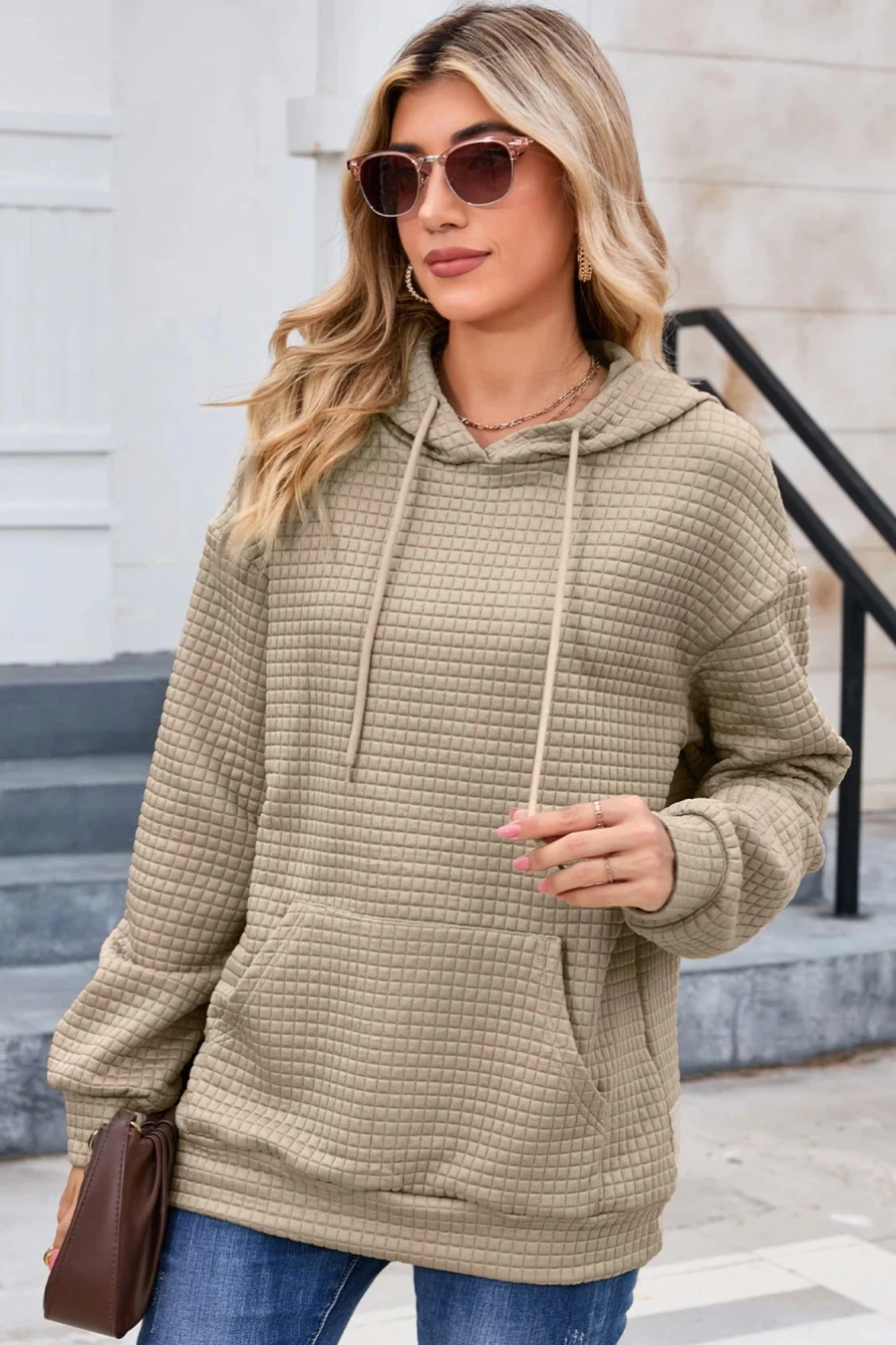 Shewin Women's Khaki Lattice Textured Hoodie with Kangaroo Pocket & Drawstring