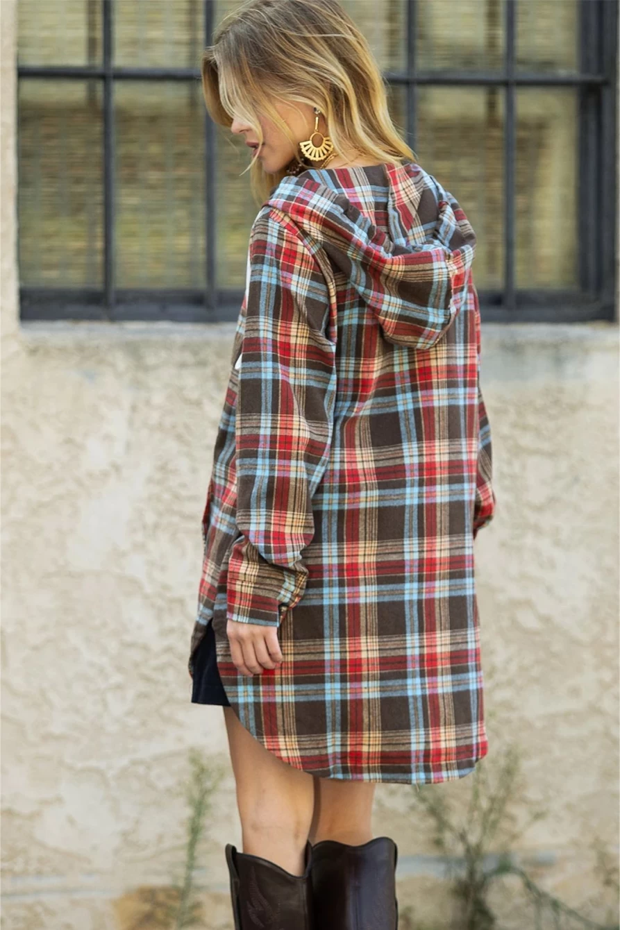 Shewin Women's Brown Plaid Split Side Button Hooded Dress