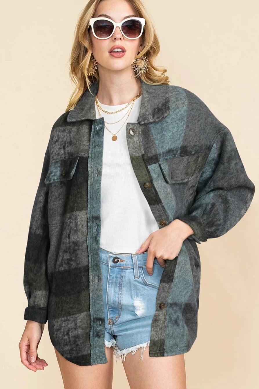 Women's Multicolor Brushed Checked Oversized Shacket with Pockets - Shewin