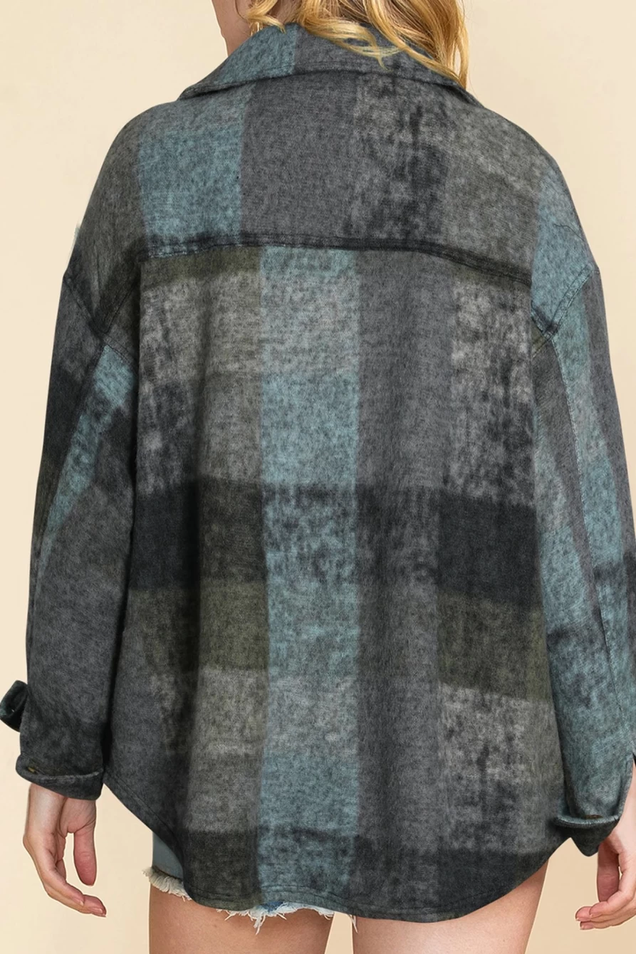 Women's Multicolor Brushed Checked Oversized Shacket with Pockets - Shewin