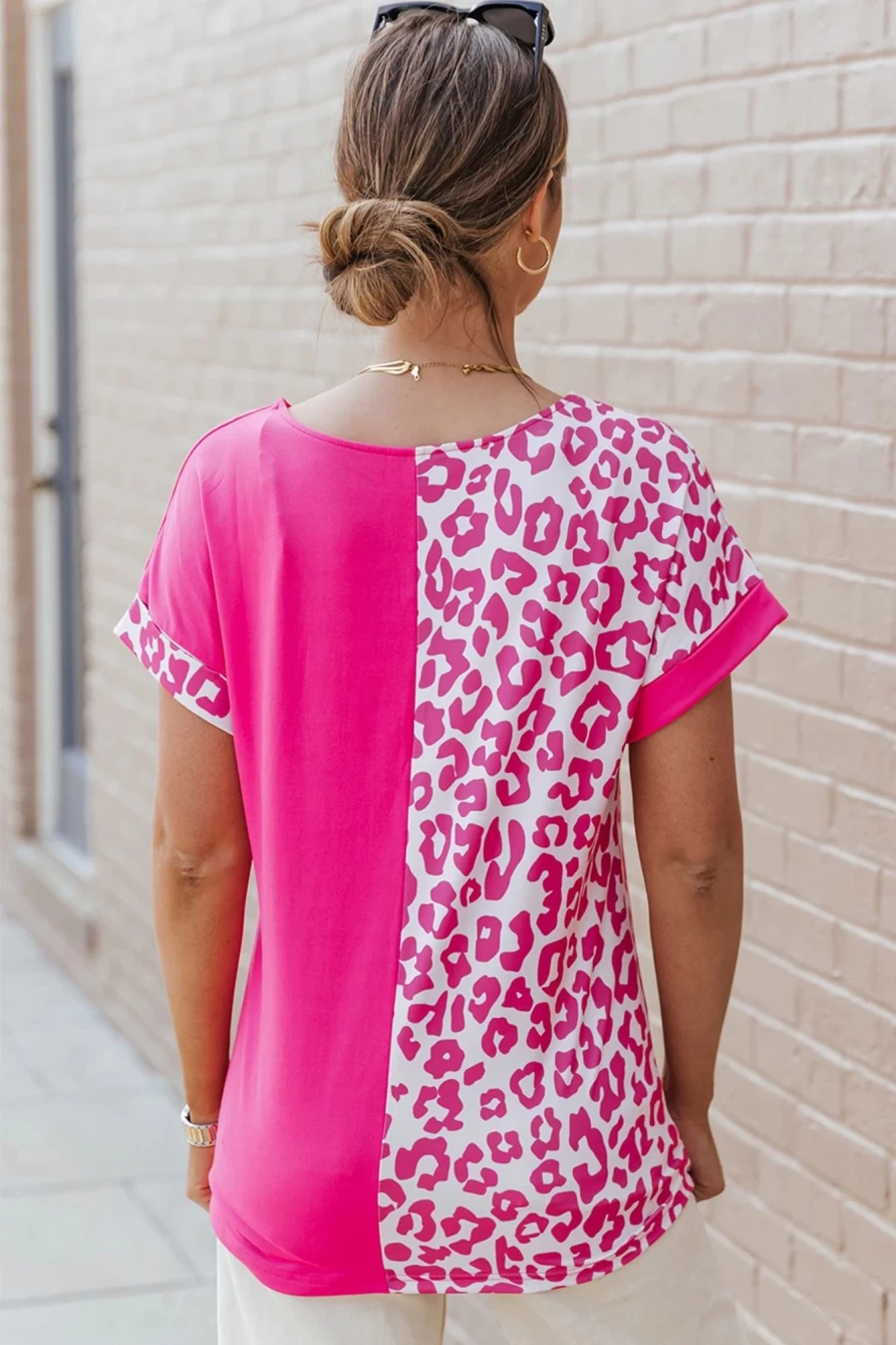 Shewin Women's Rose Leopard & Rabbit Graphic Color Block T-Shirt