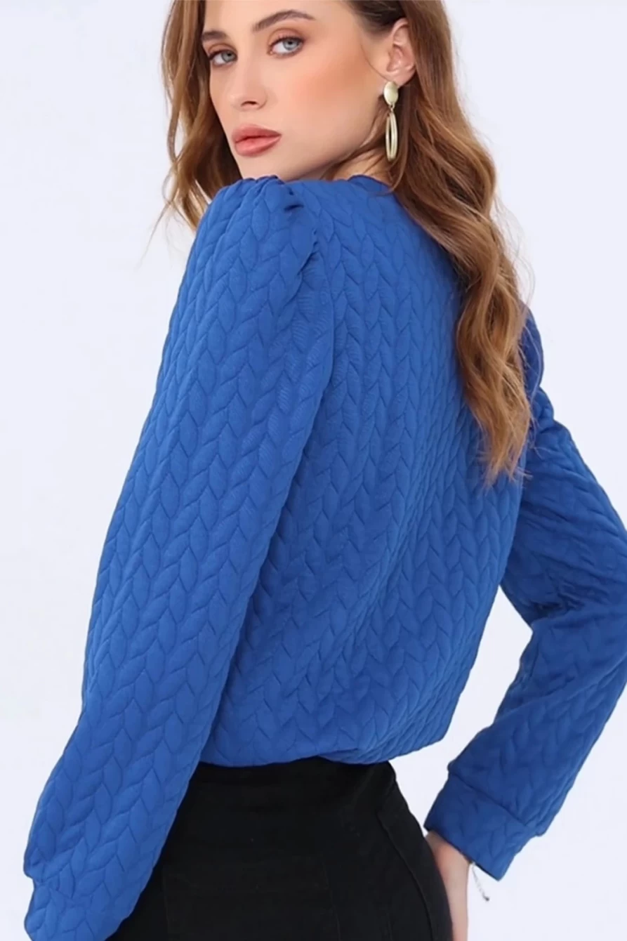 Shewin Women's Dark Blue Cable Knit Puff Sleeve Plus Size T-Shirt