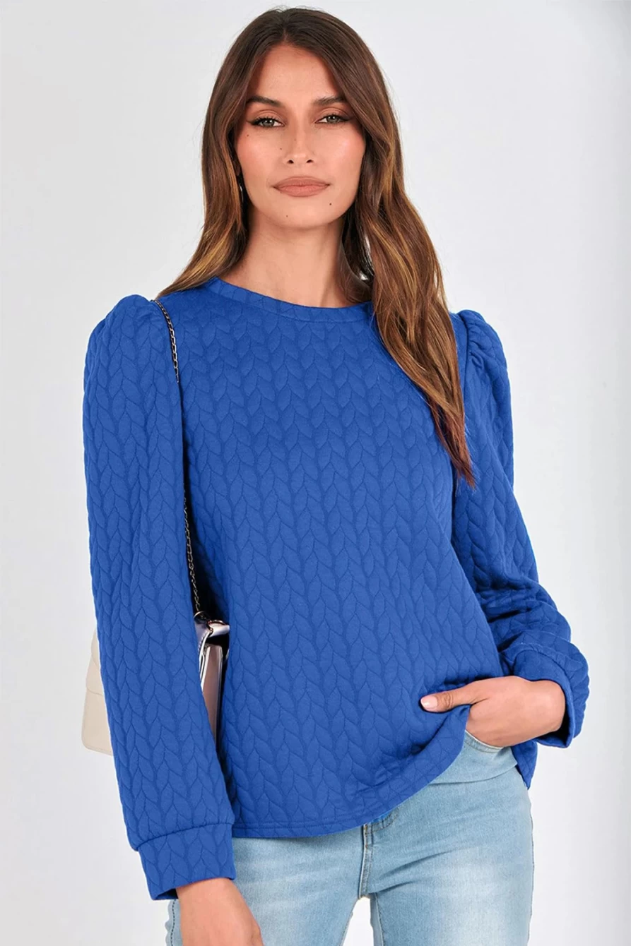 Shewin Women's Dark Blue Cable Knit Puff Sleeve Plus Size T-Shirt