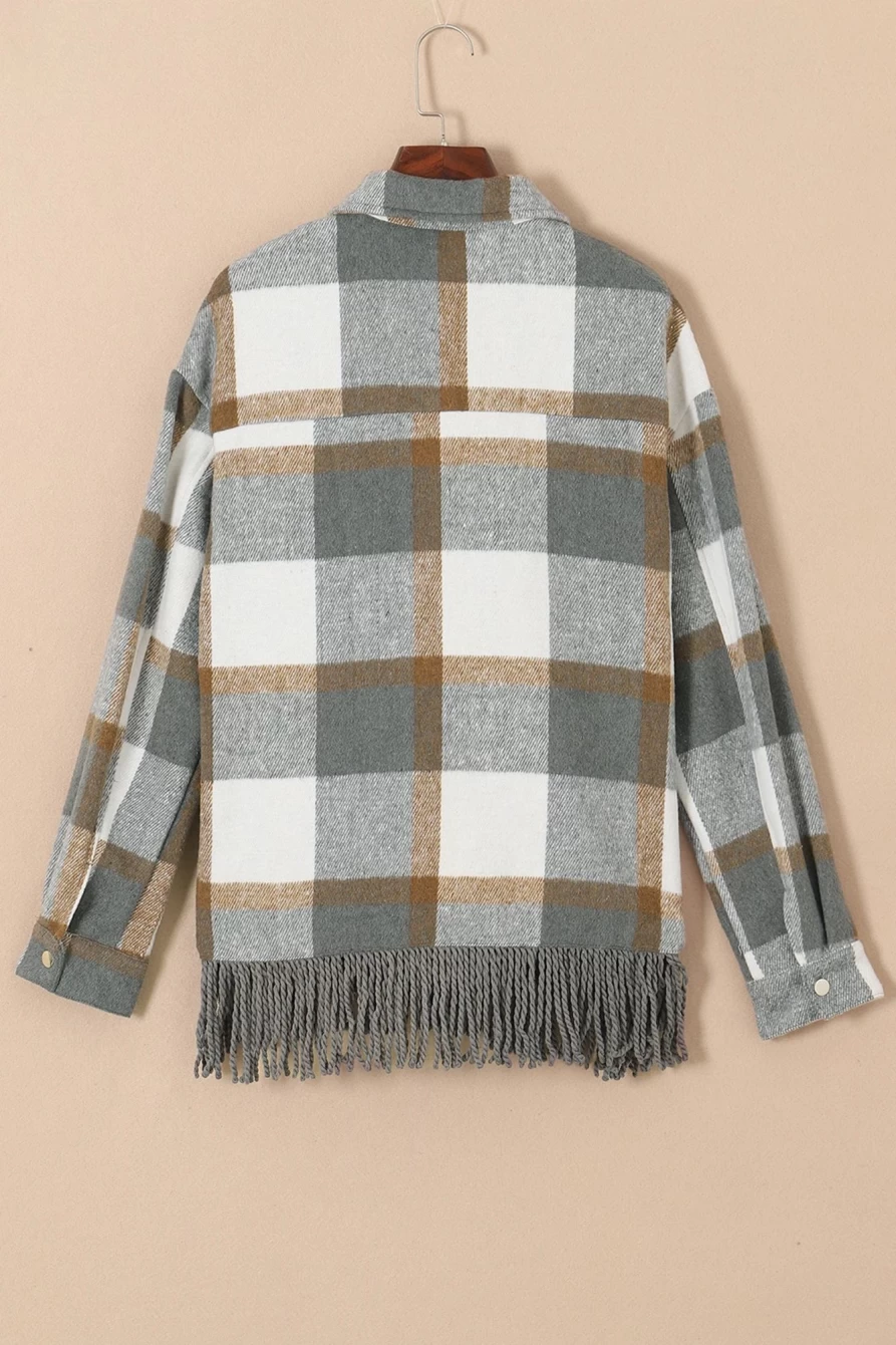 Women's Medium Grey Plaid Fringed Hem Shacket with Snap Buttons - Shewin