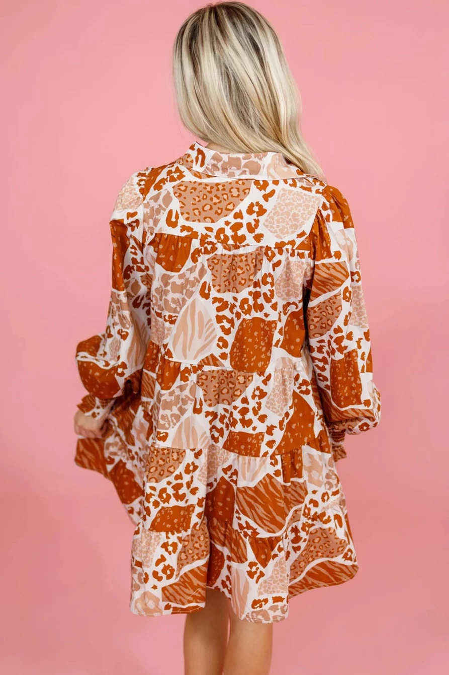 Shewin Women's Brown Mix-Pattern Tiered Mini Swing Dress - Floral Print Casual Summer Dress