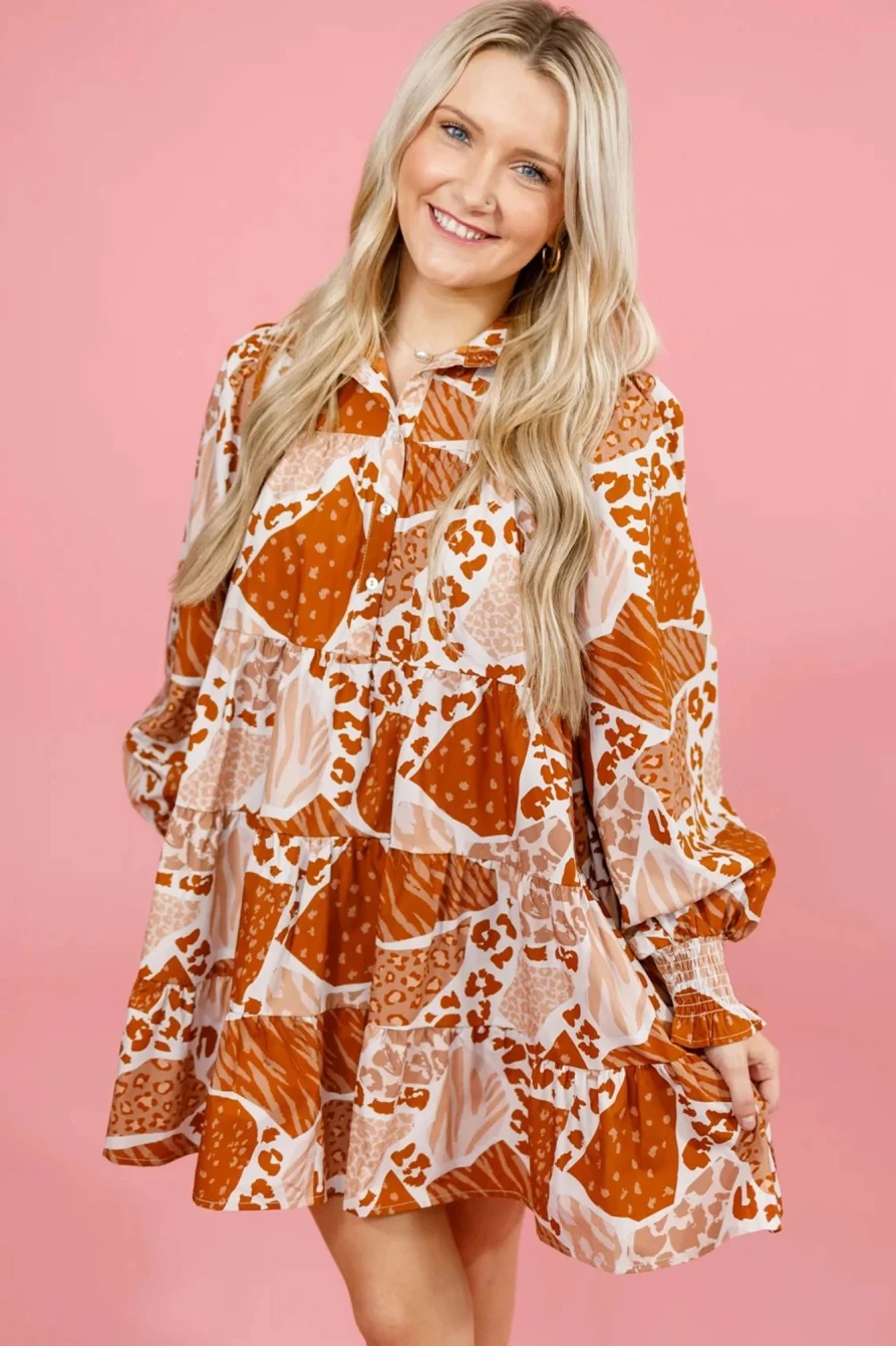 Shewin Women's Brown Mix-Pattern Tiered Mini Swing Dress - Floral Print Casual Summer Dress