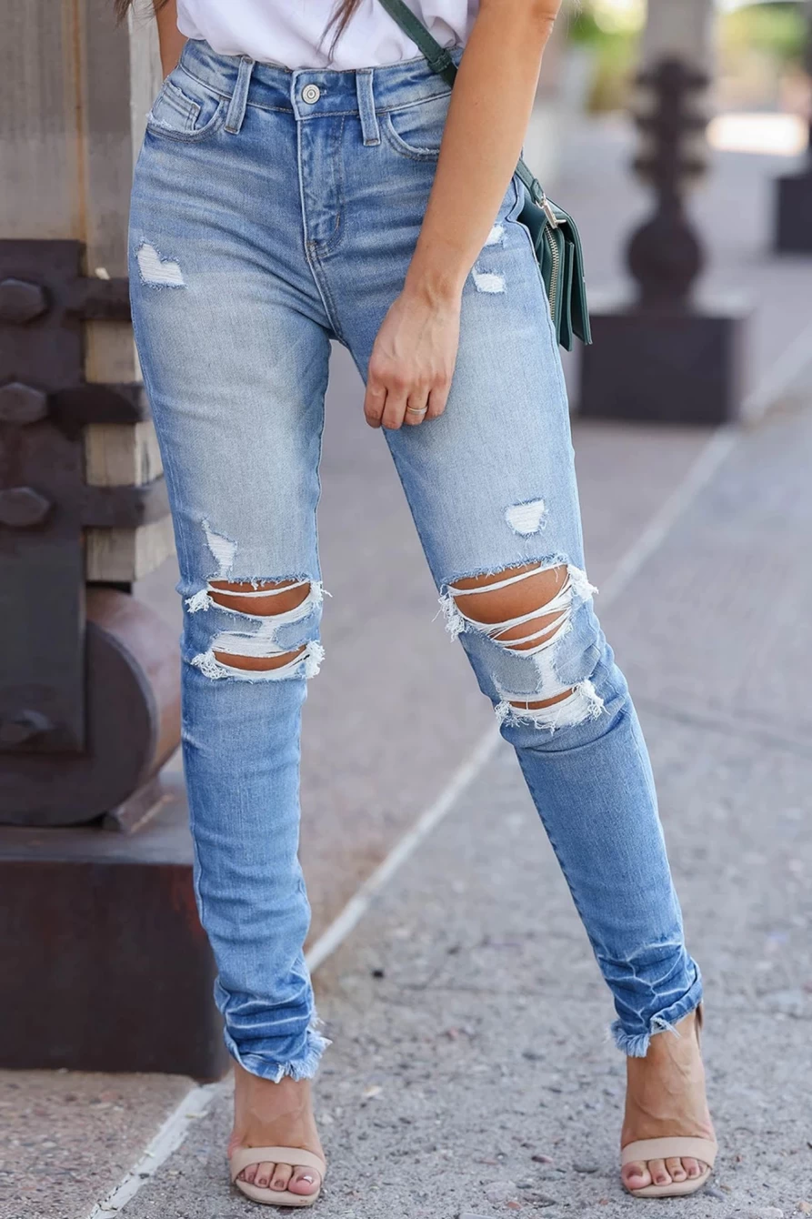 Shewin Women's Light Blue Vintage Distressed Ripped Skinny Jeans