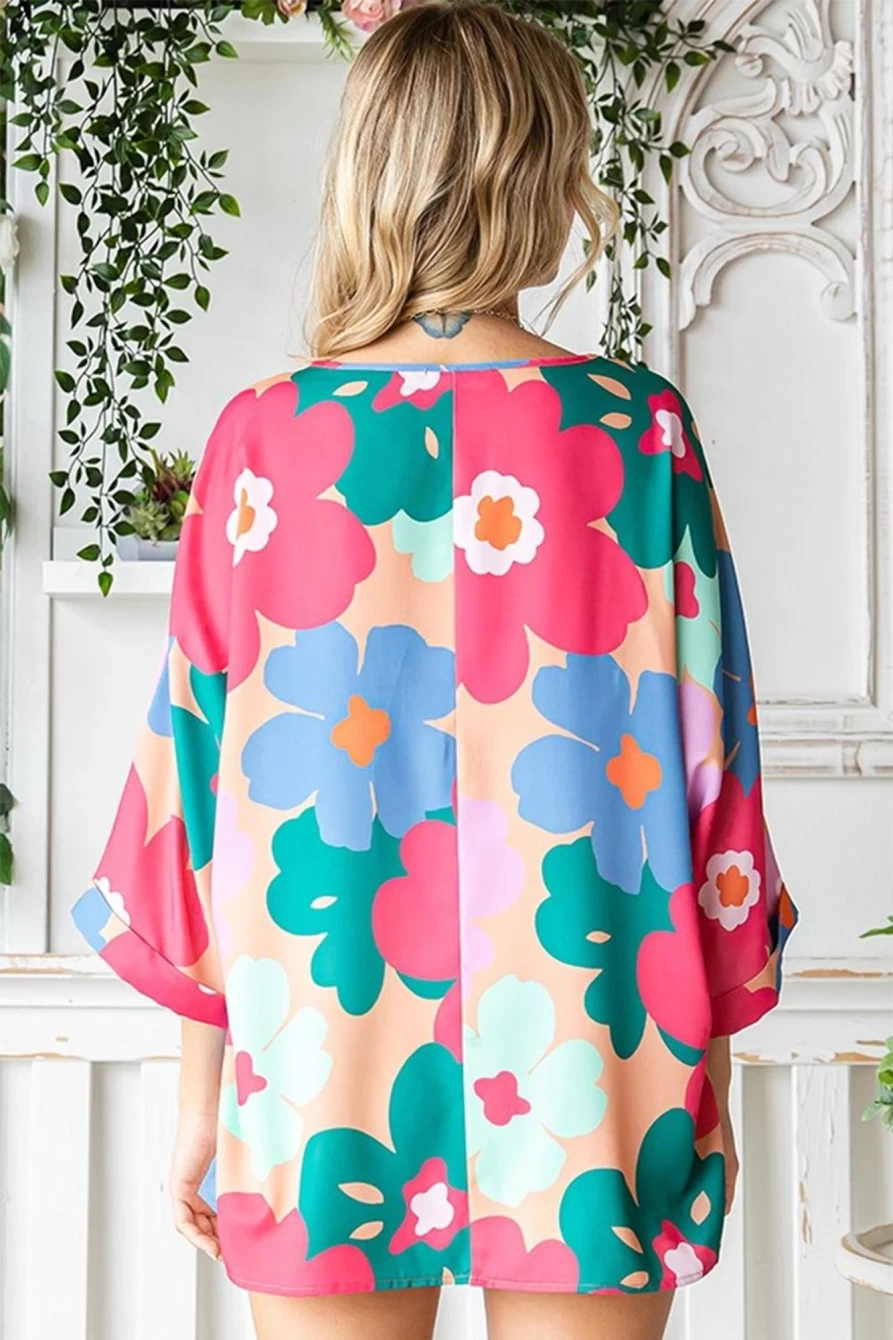Shewin Women's Pink Boho Floral Print Bell Sleeve Blouse - Chic Bohemian Tops