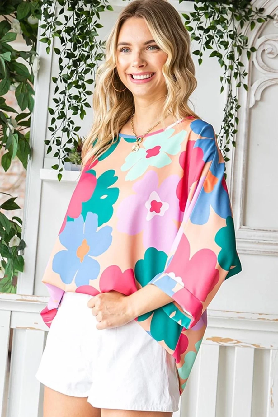 Shewin Women's Pink Boho Floral Print Bell Sleeve Blouse - Chic Bohemian Tops
