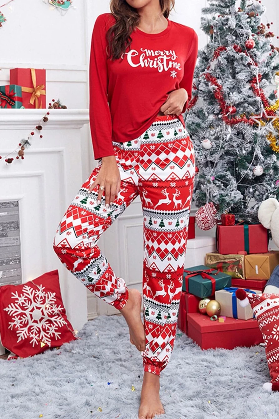 "SheWin Women's Red Christmas Printed Long Sleeve Lounge Set"